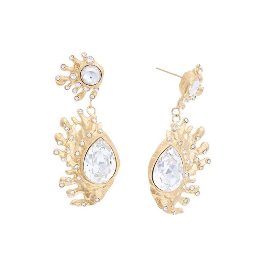 Oscar de la Renta • Gold & Crystal Cactus Drop Post Earrings - Picture 3 of 6